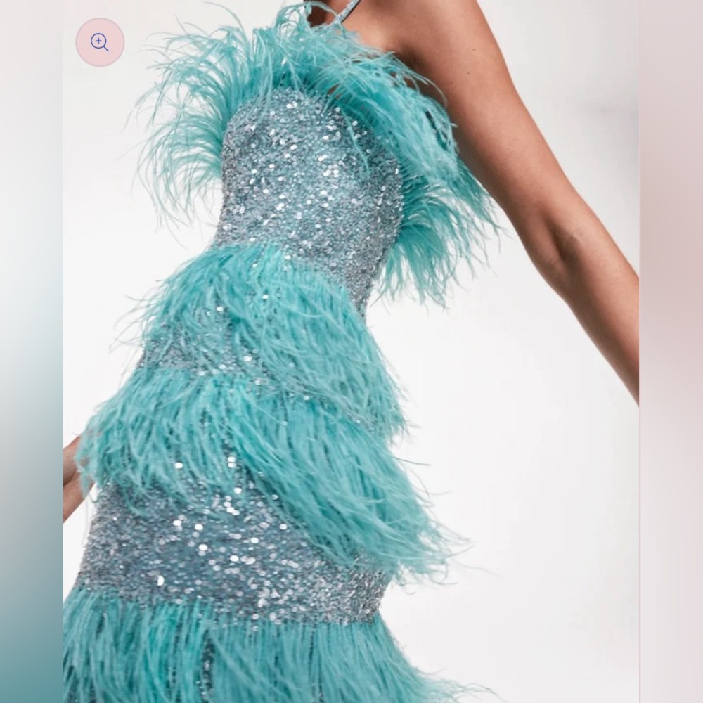 Rachel Gilbert Aqua Feather & Sequin Strapless Mini Dress